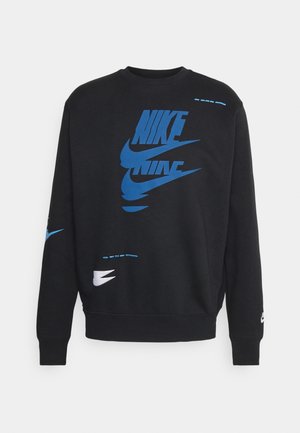 Schwarzes Crewneck-Sweatshirt mit verzerrtem blauen Nike-Text und Swoosh-Logos auf der Vorderseite, dem linken Ärmel und nahe dem unteren Saum.