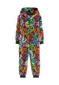 Colorful hooded onesie made of soft fleece. Features a pattern of smiley faces in bright colors on a black background. Zippered front and pockets.
