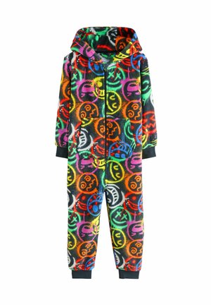 Farbenfroher Kapuzen-Einteiler aus weichem Fleece. Überzogene mit einem Muster aus lächelnden Gesichtern in leuchtenden Farben auf schwarzem Hintergrund. Mit Reißverschluss vorne und Taschen.