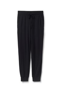 Zwarte joggers van een zachte, rekbare stof. Voorzien van een elastische tailleband met trekkoord, zijzakken en smalle boorden.