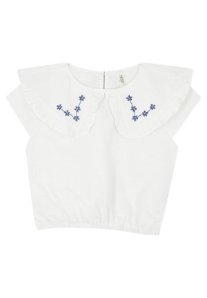 Hvid kortærmet bluse med stor rynket krave og blå blomsterbroderi på hver side, elastisk søm og lynlåslukning bagpå.