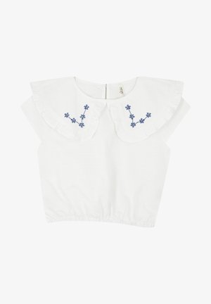 Hvid kortærmet bluse med stor rynket krave og blå blomsterbroderi på hver side, elastisk søm og lynlåslukning bagpå.