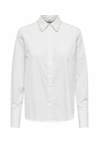 Chemise blanche à manches longues en tissu lisse, dotée d'un col classique orné d'accents en perles le long des bords.