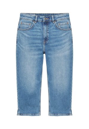 Modré krátke džínsové nohavice s predným gombíkom, zipsom, pútkami na opasok a piatimi vreckami, zobrazené na bielom pozadí.