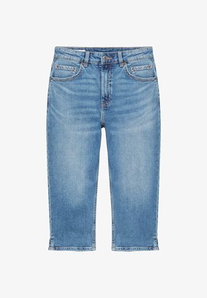 Jeans cropped in denim blu con bottone frontale, cerniera, passanti per cintura e cinque tasche, mostrati su sfondo bianco.