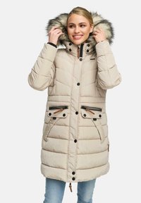 Beige puffer coat with a fur-lined hood, featuring quilted texture, two front zip pockets, prominent button closure, and drawstring accents.