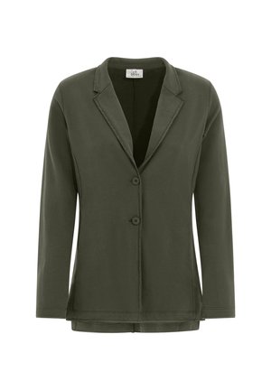 Oliivinvihreä, pitkähihaisessa bleiserissä on kaulus, kaksi nappia ja sileä kangas. Siinä on suora leikkaus ja räätälöity muotoilu.