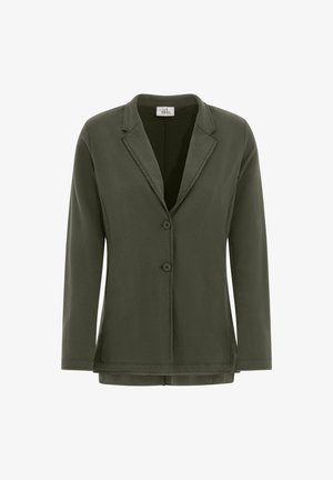 Oliven grøn, langærmet blazer med et klapkrave, to knapper og glat stof. Har en lige pasform og skræddersyet design.