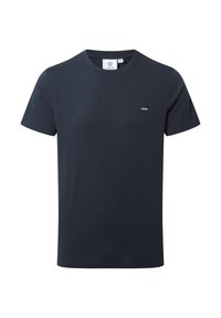 Dark navy cotton t-shirt with a crew neck, short sleeves, and a small logo on the left chest. Smooth texture, classic fit.