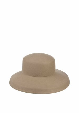 Beige wide-brimmed felt hat with a rounded flat crown, displayed against a plain white background.