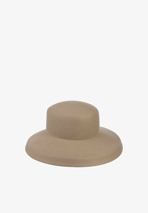 Beige wide-brimmed felt hat with a rounded flat crown, displayed against a plain white background.