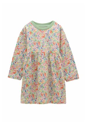 Long-sleeve toddler dress with pastel green ribbed collar and multicolored floral pattern on a light background.