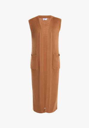 Gilet long sans manches dans une teinte brune chaude avec une texture en côtes verticales, des poches avant et un design à l'avant ouvert.