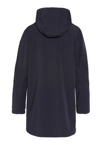 Chaqueta con capucha de color azul oscuro, fabricada en un tejido liso y mate. Presenta un corte relajado, mangas largas y sin herrajes ni adornos visibles.
