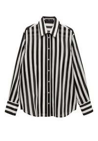 Chemise à rayures noires et blanches avec col classique, manches longues et poignets rayés contrastants ; tissu transparent et coupe régulière.