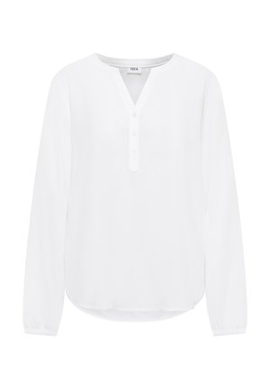 Witte blouse met lange mouwen, V-hals, knopenlijst en elastische manchetten; gladde textuur en licht gebogen zoomontwerp.