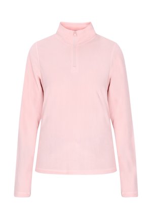 Pullover in pile rosa chiaro con collo a mezza zip, maniche lunghe e texture liscia. Design semplice senza motivi o accenti aggiuntivi.
