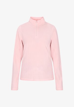 Šviesiai rožinis pūkuotas megztinis su pusiau užtrauktuku, ilgomis rankovėmis ir glotni tekstūra. Paprastas dizainas be papildomų raštų ar akcentų.