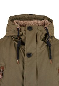 Olive green jacket with a high collar, featuring a soft, tan fleece lining, two zippered side pockets, and bronze hardware accents.