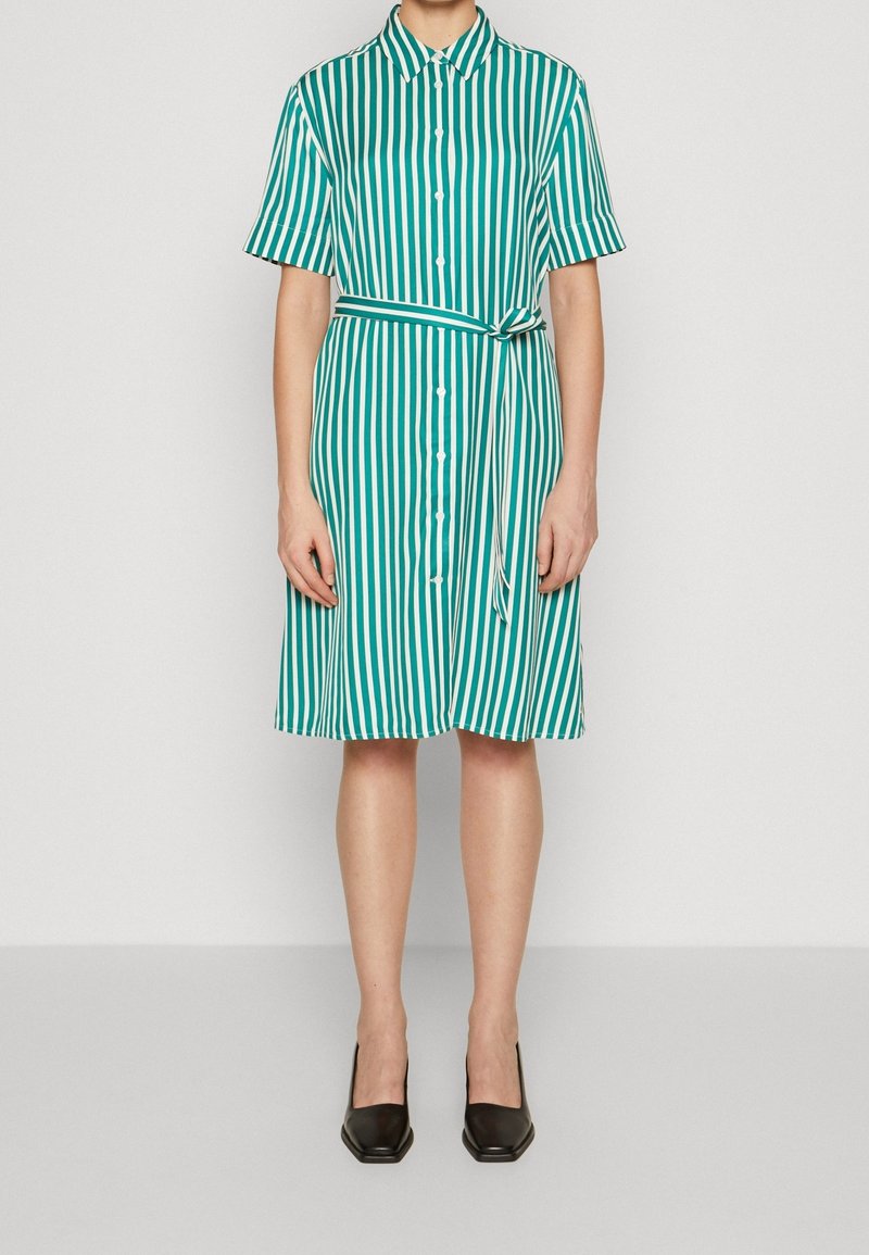 Vihreä ja valkoinen raidallinen paitamekko, jossa on napillinen etuosa, lyhyet hihat ja kiinnitetty vyö. Yhdistetty mustiin neliönmuotoisiin korkokenkiin.