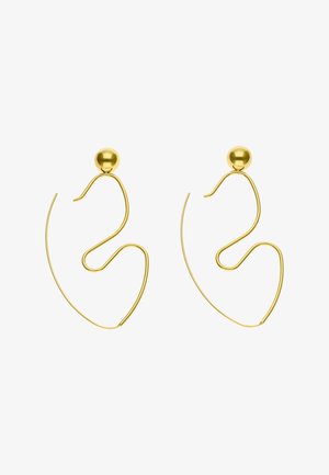 Pair of gold-tone wire earrings with abstract, curvy geometric shapes and spherical stud posts.