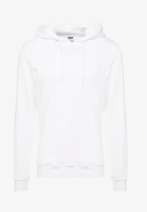 Biała bluz hooded z miękkiego materiału, z kangurzą kieszenią, regulowanymi sznurkami i ribbionymi ściągaczami u dołu i na rękawach.