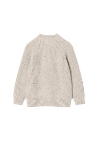 Beige gestrickter Pullover mit geripptem hohem Kragen, langen Raglanärmeln sowie ribbierten Bündchen und Saum, und einem strukturierten Muster.