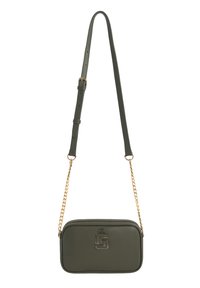 Borsa a tracolla in pelle verde scuro con dettagli in catena dorata, tracolla regolabile e emblema dorato sul davanti.