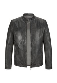 Schwarze Lederjacke mit Stehkragen, Reißverschluss vorne und zwei Seitentaschen. Sie hat eine glatte Textur und minimalistische Nähte.