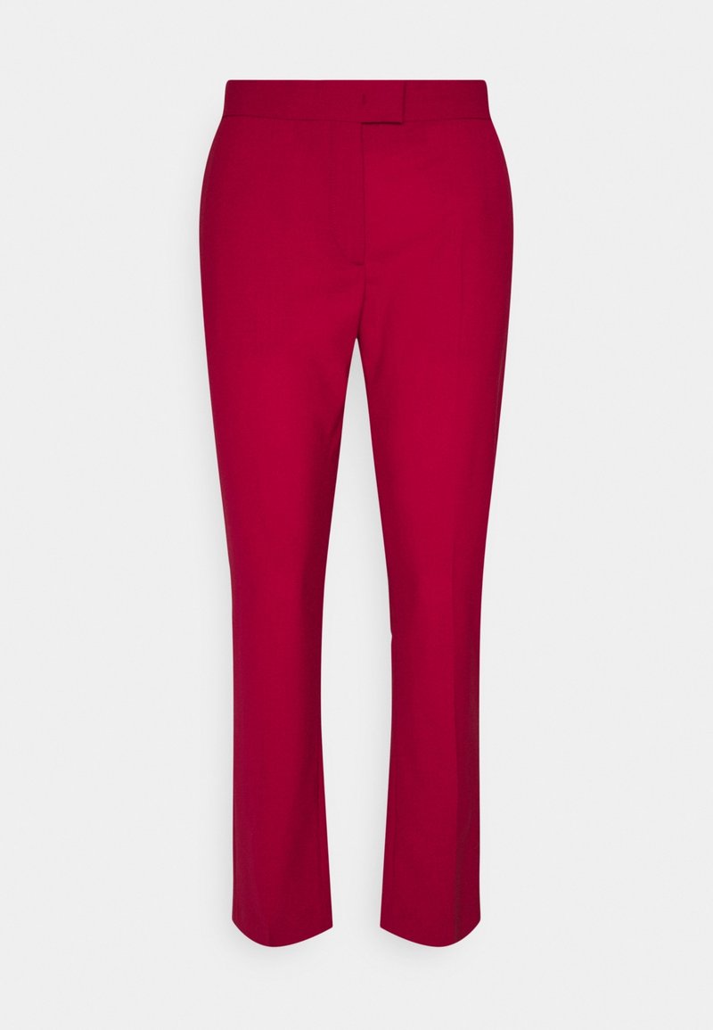 Pantalon droit rouge avec taille haute et fermeture avant dissimulée, présenté sur un fond blanc uni.