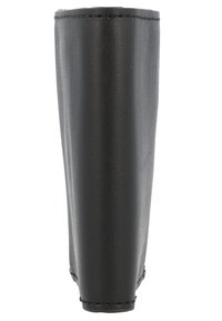 Black synthetic ankle boot featuring a smooth texture, tapered shape, and subtle stitching details along the edges.