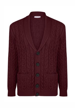 Bordeaux kabelgebreid vest met sjaalkraag, vijf zwarte knopen en twee voorzakken van Felix Hardy.