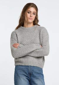 Pulover tricotat de culoare gri deschis, cu un model texturat, guler rotund și mâneci lungi, terminat cu un tiv bordat. Poartă-l cu blugi albaștri.