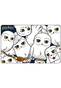 Design a tema di Harry Potter con diversi gufi bianchi in stile cartone animato, con occhi gialli, che tengono lettere e una scopa, su uno sfondo blu scuro.