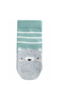 Calzino grigio e verde menta a righe con design di faccia d'orso. Tessuto lavorato a maglia con polsino a coste e dettagli stampati per le caratteristiche del viso.