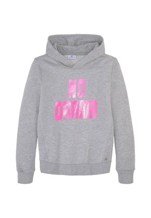 Sudadera con capucha de color gris claro, de mangas largas y con el texto en rosa brillante "NO DRAMA" en el frente.