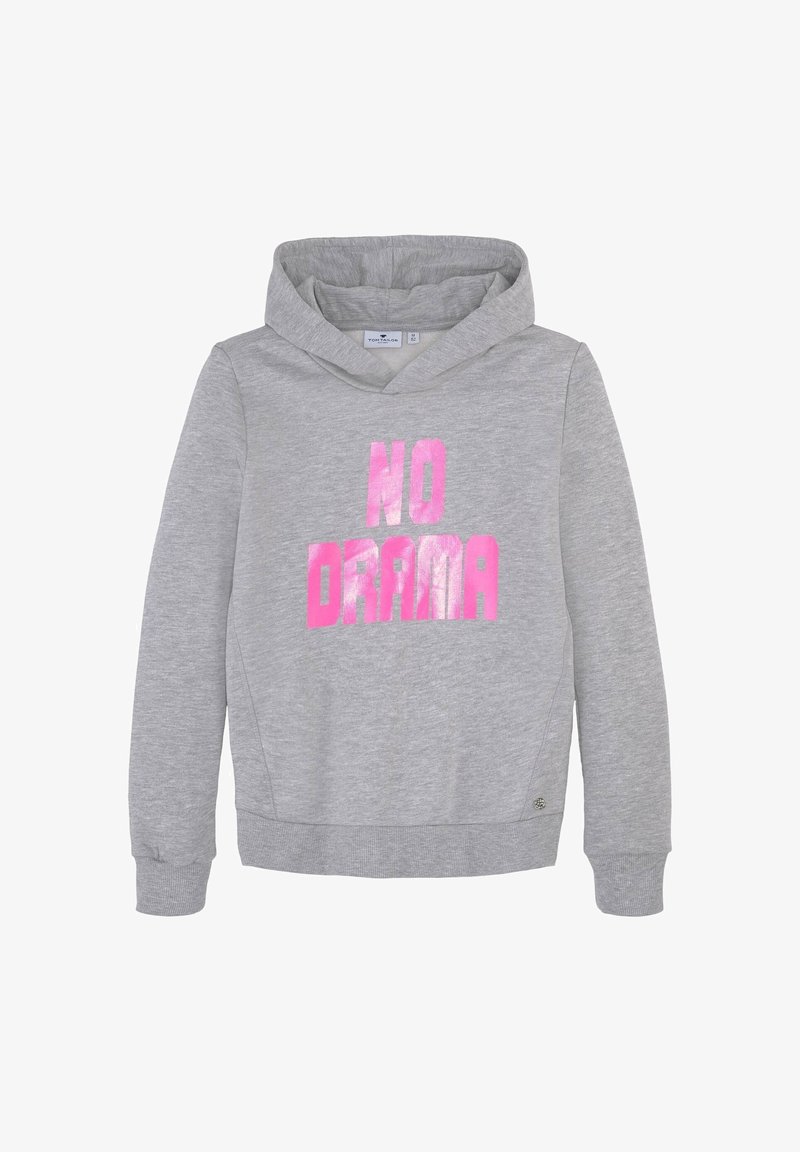 Sweatshirt à capuche gris clair avec des manches longues et un texte rose vif "PAS DE DRAME" sur le devant.