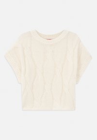 Cremfarbener, kabelgeknüpfter, cropped Pullover mit Rundhalsausschnitt und kurzen Ärmeln. Strukturmuster sorgt für visuelles Interesse. Weiches, gestricktes Material.