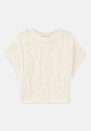 Maglione corto a trecce di colore crema con scollo rotondo e maniche corte. Il motivo testurizzato aggiunge interesse visivo. Tessuto morbido e lavorato a maglia.