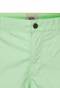 Lichtgroene shorts van textuurstof, met een bruine knop en een Camel Active logo label aan de binnenkant van de tailleband. Standaard zakontwerp.
