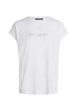 Witte korte mouwen t-shirt van zachte stof, met een ronde halslijn en een decoratief tekstontwerp van rhinestones op de voorkant.