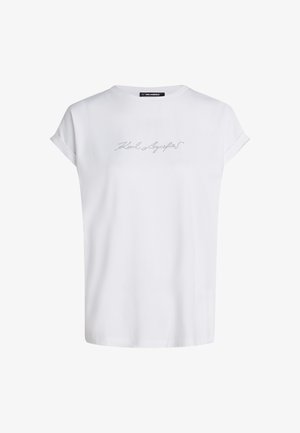 T-shirt bianca a maniche corte realizzata in tessuto morbido, con scollatura curvata e un design testuale decorativo in strass sul davanti.