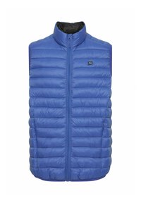 Blaue gesteppte ärmellose Steppweste mit Frontreißverschluss und kleinem schwarzem Logo auf der Brust, aufrecht stehend vor weißem Hintergrund.