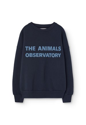 Navy blue sweatshirt with crew neck, long sleeves, and ribbed cuffs. Features large light blue text: "THE ANIMALS OBSERVATORY" on the front.