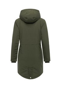 Mørkegrøn parka jakke med hætte, lange ærmer og en let buet kant. Materialet er glat med elastiske manchetter og minimale detaljer.