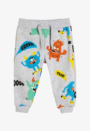 Gray sweatpants featuring colorful monster graphics and text like "GRRRR!" and "YEAH!" with an elastic waistband and cuffs.