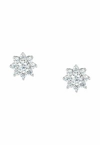 Orecchini a bottone in diamante con design floreale, realizzati con più pietre tagliate a brillante e a goccia, montate su metallo tono argento.