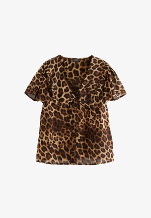 Bluzica s kratkimi rokavi, leopardski vzorec v odtenkih rjave in peščene barve. Ima globok V-izrez in gumbno zapiranje spredaj. Prosojna, lahka tkanina.