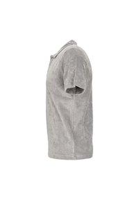 Graues Polohemd mit kurzen Ärmeln aus weichem Frottee-Stoff, mit einem Kragen, normalem Schnitt und minimalen Nähdetails am Saum.