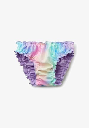 Dziecięce bikini z marszczonym dołem, pastelowa tęcza z przodu i jednolity fiolet z tyłu na białym tle.